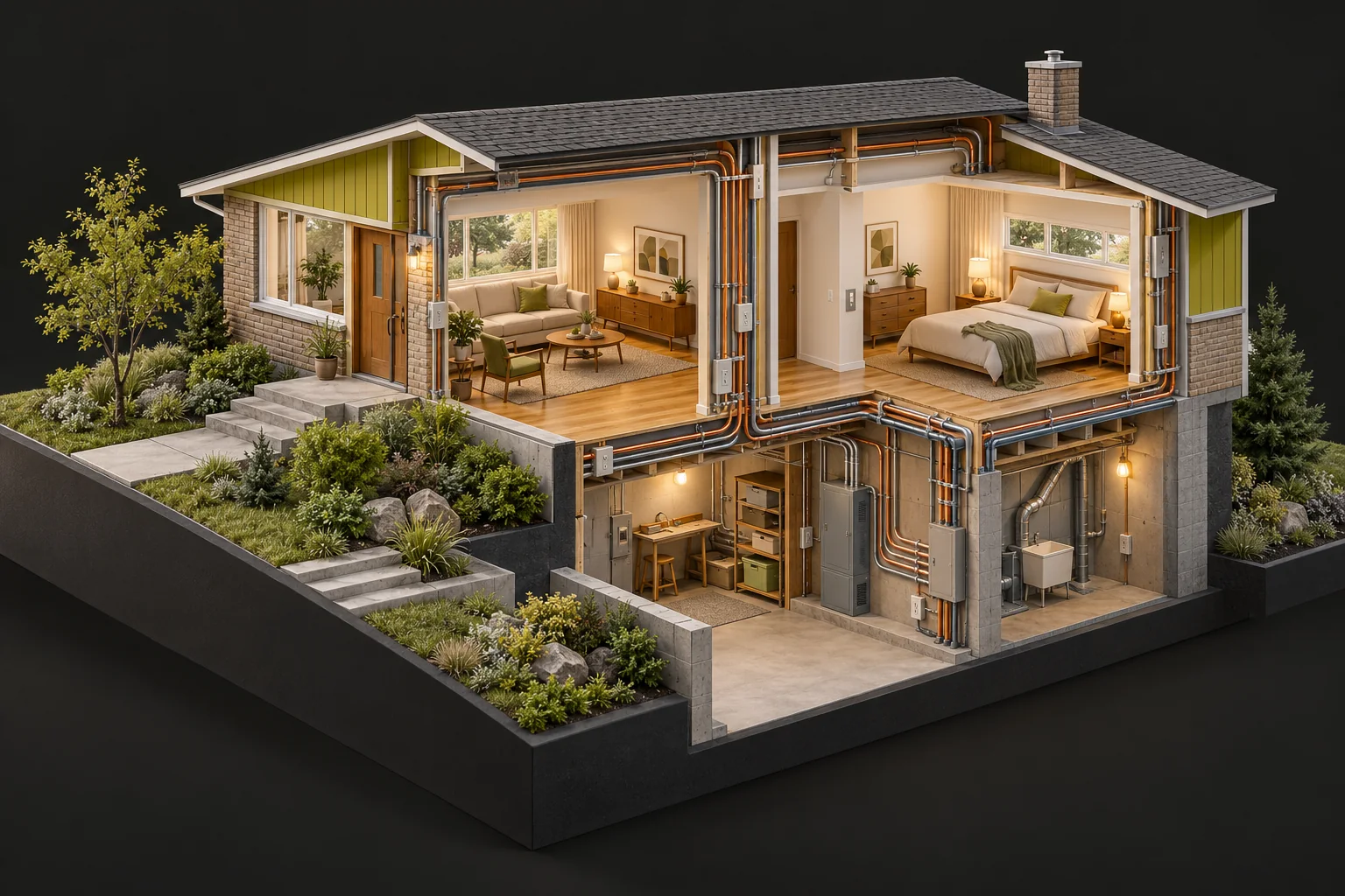 Architectural cutaway illustration of a mid-century home with conceptual wiring paths